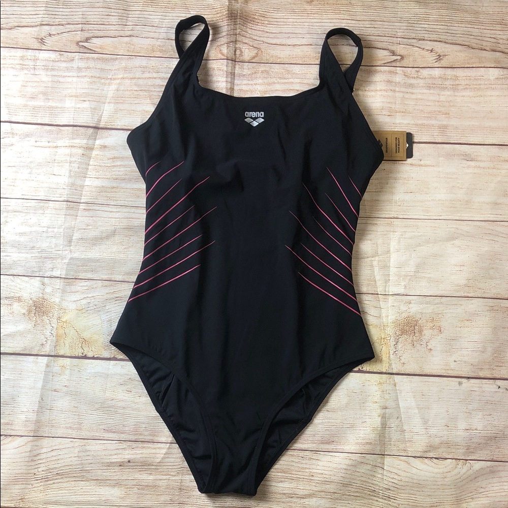 Arena Black One Piece Swimsuit‎ with Pink Stripes